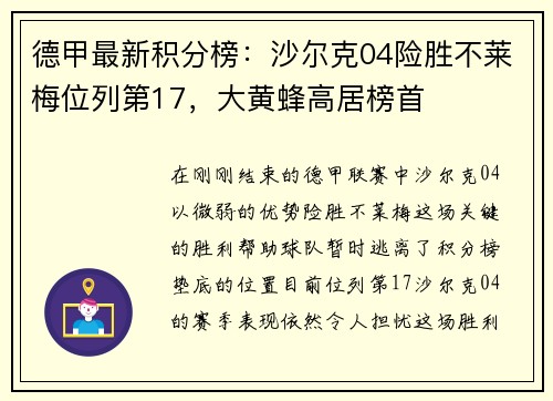 德甲最新积分榜：沙尔克04险胜不莱梅位列第17，大黄蜂高居榜首