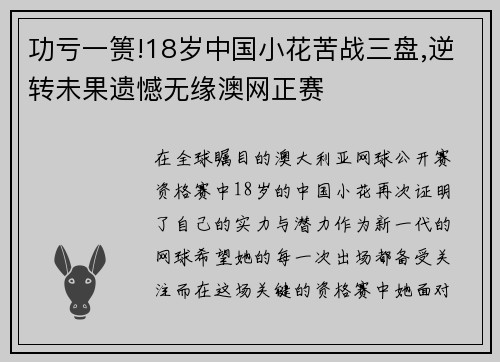 功亏一篑!18岁中国小花苦战三盘,逆转未果遗憾无缘澳网正赛