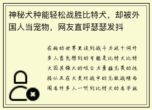 神秘犬种能轻松战胜比特犬，却被外国人当宠物，网友直呼瑟瑟发抖