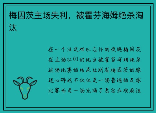 梅因茨主场失利，被霍芬海姆绝杀淘汰